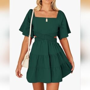 Women's Square Neck Tiered Mini Dress in Dark Green